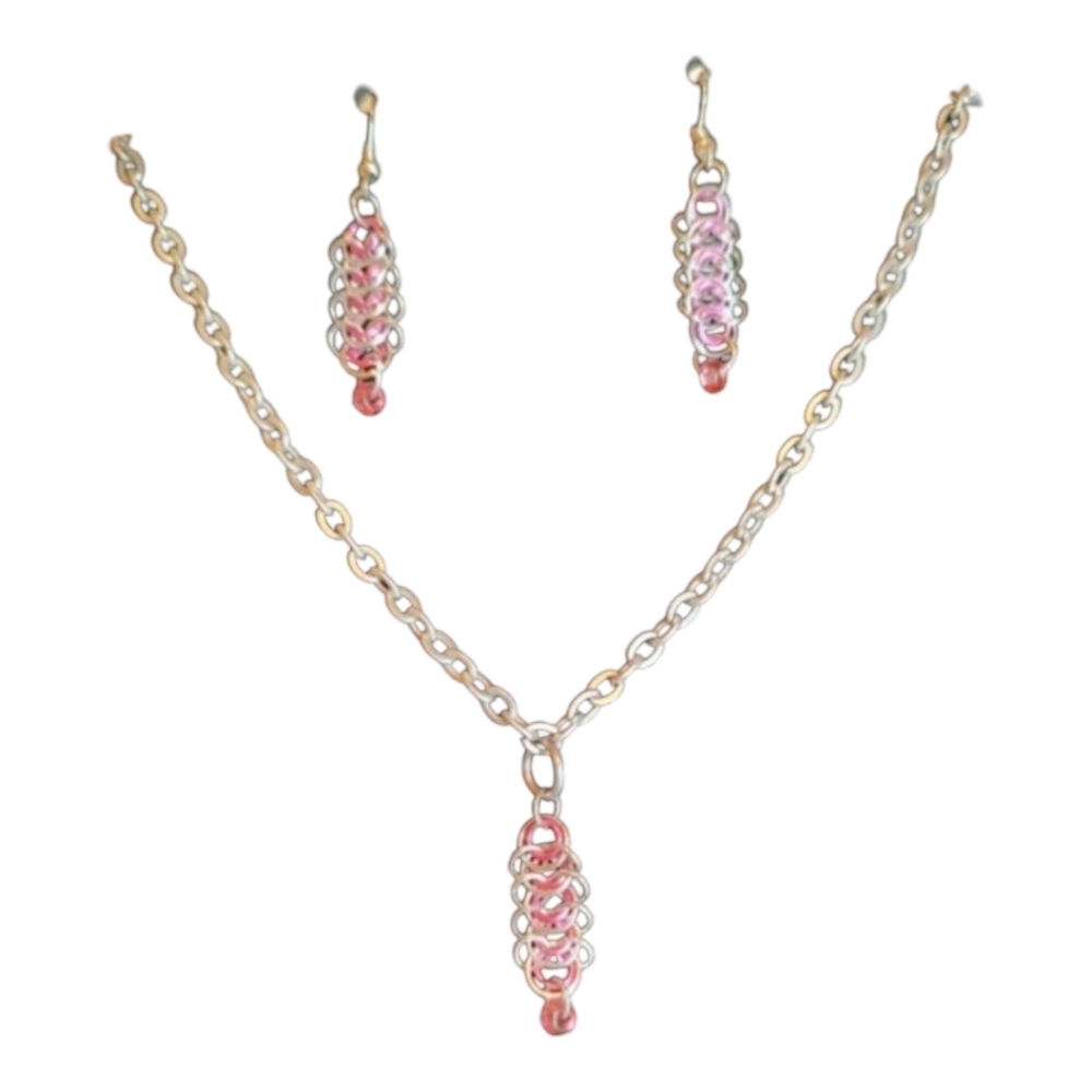2 Pc Handmade Handcrafted Jewely Set Silver Pink Tone Metal Pink Beads Dangle